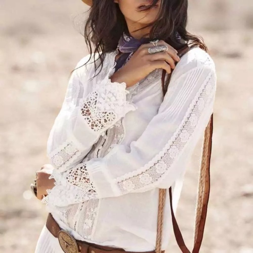 New White Lace Long Sleeve Western Boho Blouse